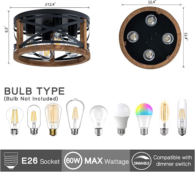 Farmhouse Light Fixtures, 4-Light Round Flush Mount Ceiling Light with Wood and Metal Frame, Black Rustic Ceiling Light for Hallway, Entryway, Bedroom, Kitchen