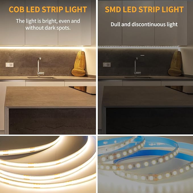 50FT COB LED Strip Lights DC 24V Dimmable 3000K Warm White | Flexible LED Tape Light for Bedroom, with Remote and app Control LED Tape Lights CRI90+,for DIY Home Decoration