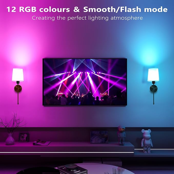 Battery Operated Wall Sconces Set of 2, Wireless Rechargeable Dimmable Wall Light with 5600mAh RGB Bulb and Remote for Bedroom, Living Room, Hallway, Black, 24in