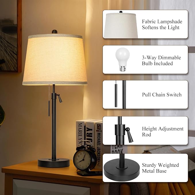 Black Bedside Lamp Tall Table Lamp 22" to 30" Adjustable Height 3 Brightness Way Nightstand with Beige Linen Shade Pull Chain Pole Lights for Living Room Guest Bedroom End Table(Bulb Included, Single)