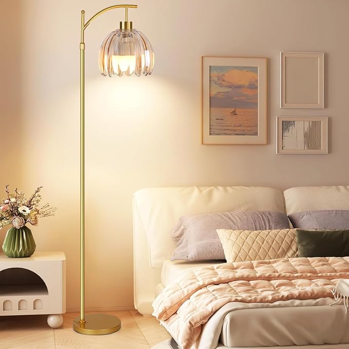 QIYIZM Glass Floor Lamp for Living Room,Bedroom,Gold Dimmable Standing Lamp with Remote,Mid Century Modern Brass Tall Lamp Boho Floor Lamps Arc Stained Flower Floor Light Lamp Girls Bohemian