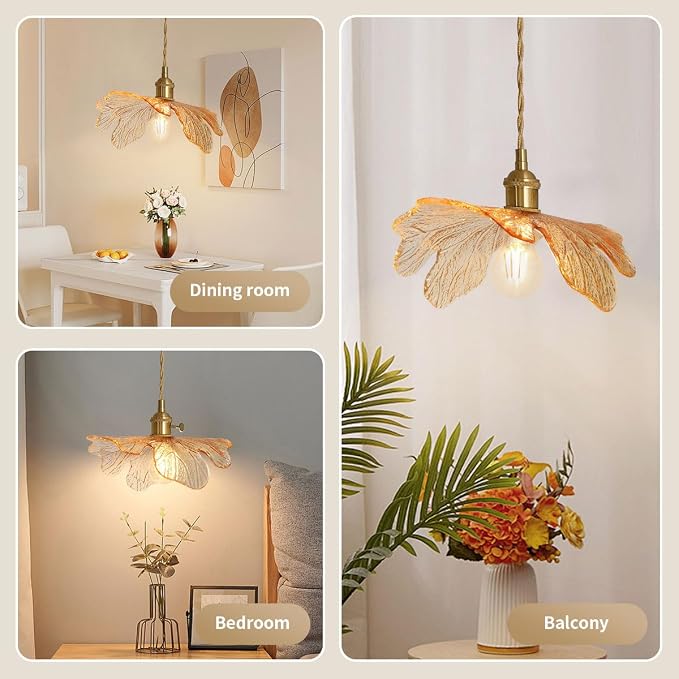 Mid Century Pendant Light for Kitchen with Blown Flower Amber Glass | Vintage Hanging Light 12.99" Art Decor Glass Ceiling pendant Lamp Gold Brass E26, Adjustable Height Sloping Flat ceilings