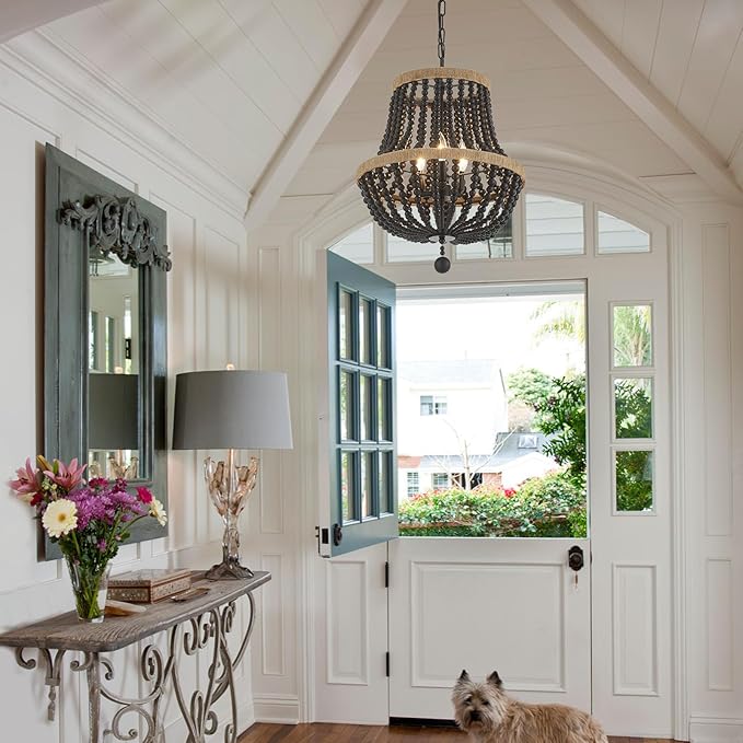 3-Light Boho Chandelier Farmhouse, Wood Bead Pendant Light, Black Rustic Hanging Light Fixture for Kitchen Entryway Bedroom Nursery Dining Room Foyer