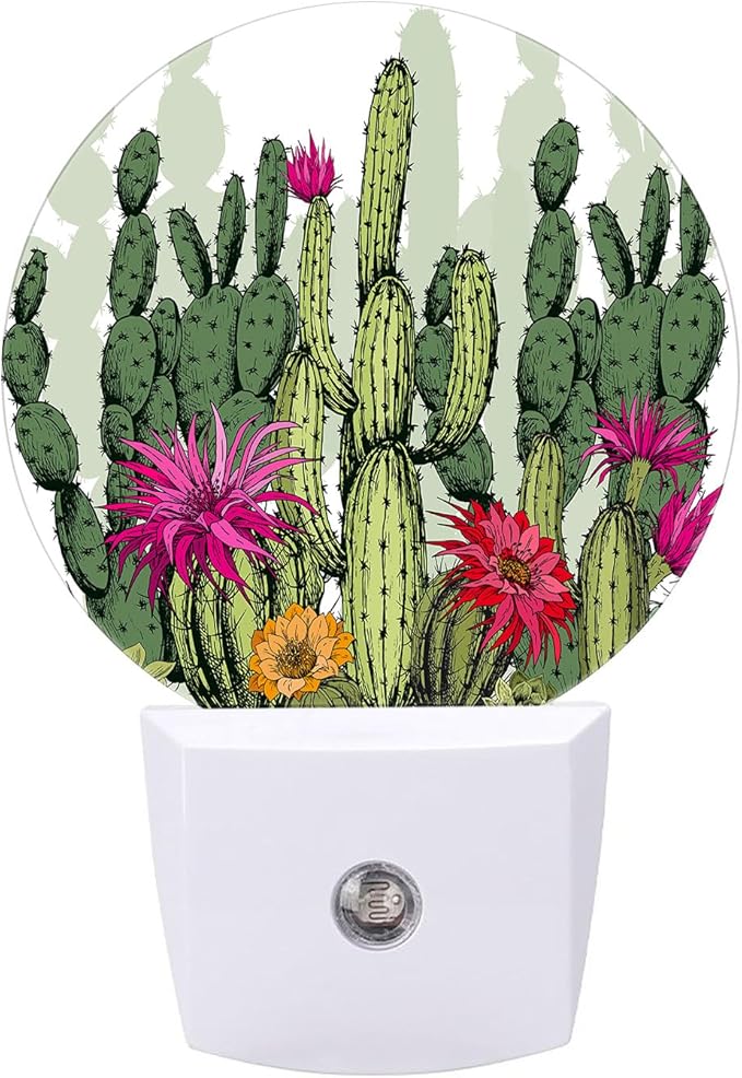 Round LED Night Light,Green Flowers Cactus Plants LED Night Light Plug into Wall with Dusk to Dawn Light Sensor White Energy Efficient Nightlight for Bedroom Hallway Living Room Kitchen