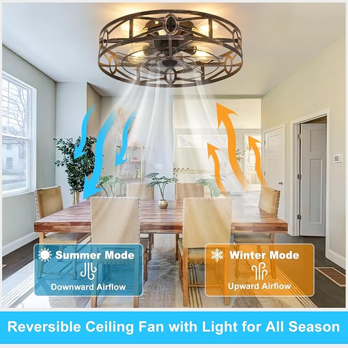 Depuley Flush Mount Ceiling Fan: 20" Caged Ceiling Fans with Remote Control for Patio Kitchen Bedroom - Low Profile Fandelier Lights Fixture Reversible 6 Speed Timer Brone 4*E26 Bulb Not Included