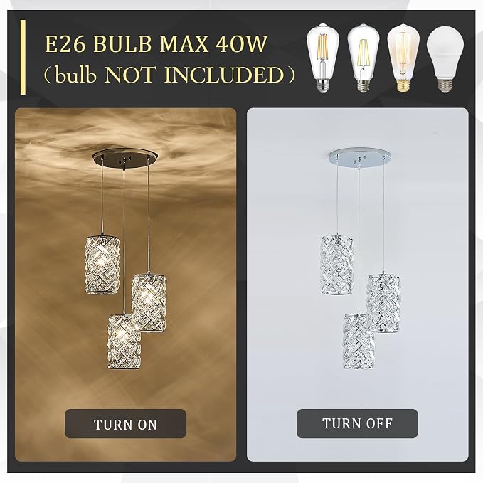 Chrome Crystal Cluster Pendant Light, 3-Light Kitchen Island Hanging Light | 3-light chrome crystal pendant with adjustable height, E26 sockets, dimmable for kitchen islands, dining rooms and bedrooms