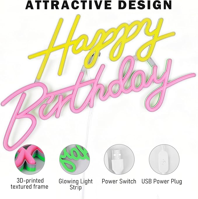Happy Birthday Neon Sign, Neon Sign for Wall Decor, USB Powered Dimmable Neon Light, LED Happy Birthday Light Up Sign for Party, Perfect for Backdrop Birthday Party Decoration, Yellow and Pink