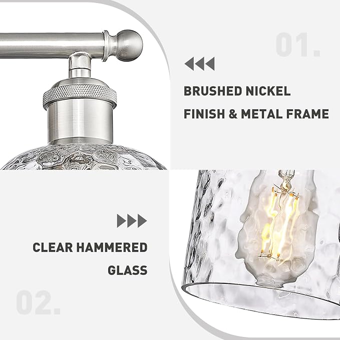 zeyu 6-Light Bathroom Wall Light Fixture, 42 Inch Modern Nickel Vanity Lighting Fixtures for Bedroom, Brushed Nickel Finish with Clear Hammered Glass, ZJF63B-6W BN