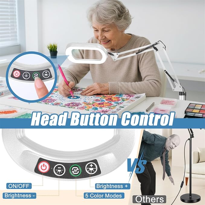 IVMAIE 12X Magnifying Glass with Light and Stand, Real Glass Lens, 5 Color Modes LED Dimmable Lighted, 3-in-1 Floor Lamp with Clamp, Hands Free Magnifier for Reading, Sewing Painting Close Work, White