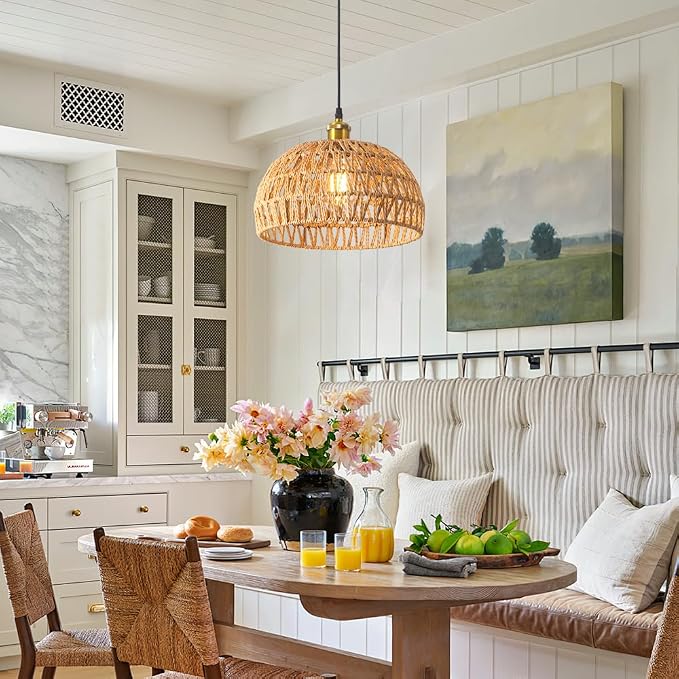 Hanging Lamps Rattan Pendant Light,Cord Bamboo Pendant Light Fixture Hanging Lamp Boho Ceiling Light Fixtures Farmhouse Pendant Lamp Shape for Living Room Bedroom Kitchen,30CM,E26 Base