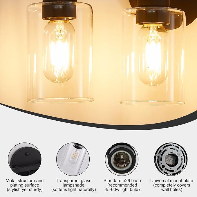 Black Bathroom Light Fixtures 3-Light Bathroom Vanity Light | Clear glass shade, Anti-rust, Easy install, E26 scoket, Vanity Lighting Fixtures, Over mirror, Makeup, 18.6in Vanity lights