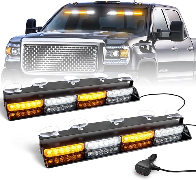 HLauto 6Z4J Emergency Dash Strobe Lights: 2x16.8 inch Amber White Safety Lights, 48 LED Flashing Warning Hazard Interior Windshield Visor Traffic Light Bars for Trucks, Construction Vehicles