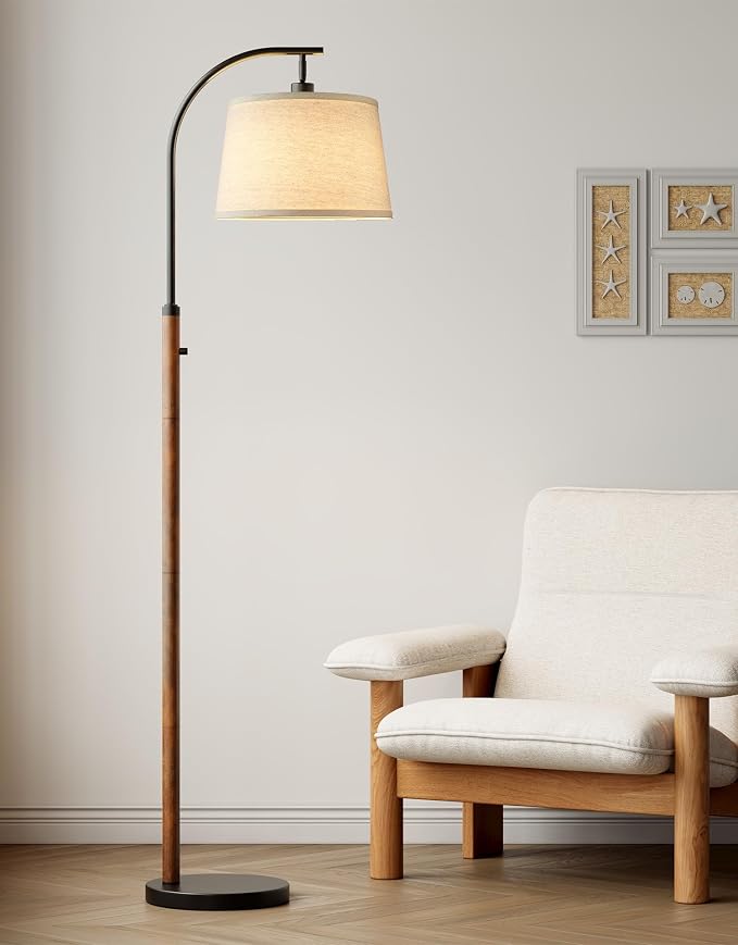 Dimmable Floor Lamp for Living Room, 65" Tall Metal Standing Lamp with LED Bulb, Mid Century Modern Arc Floor Lamp with Linen Shade for Bedroom, Reading Room, Office & Nursery, Black and Rustic Brown