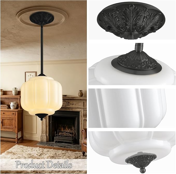LOUSACE 10 Inch Vintage Milk White Glass Ceiling Light Fixture, Semi Flush Mount Pendant Lights with Black Aluminium Base for Kitchen Hallway Bedroom Dining Room - E12 Bulb Included