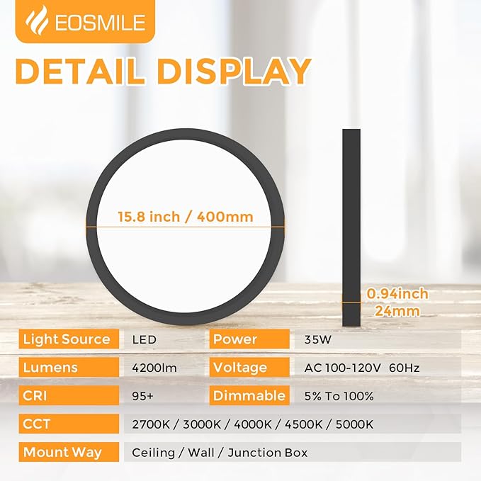 2Pack 15.8 Inch LED Flush Mount Ceiling Light, 35W, 120lm/W, 4200LM, CRI 95+, 2700K-5000K 5CCT Selectable & Dimmable, Black Round Flat Panel Light for Hallway, Kitchen, Bedroom, Laundry Room
