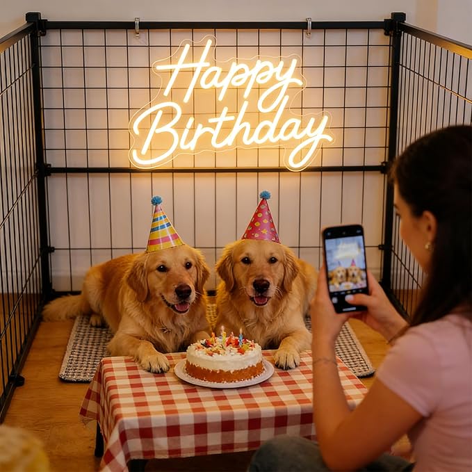 Happy Birthday Neon Sign for Wall Decor, LED Happy Birthday Light Up Sign with 10 Pcs Ballons, Dimmable Happy Birthday Lights Signs for All Birthday Party Decorations Backdrop, Warm White