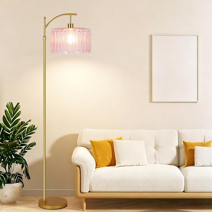 QIYIZM Pink Floor Lamp for Living Room,Bedroom,Gold Dimmable Standing Lamp with Remote,Mid Century Modern Brass Tall Lamp Boho Floor Lamps Arc Stained Glass Flower Floor Light Lamp Girls kids Bohemian