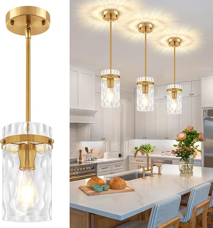 3 Pack Brushed Gold Pendant Lights Kitchen Island, Hammered Glass Kitchen Pendant Lighting Over Island Adjustable Hanging Bathroom Light Fixtures Modern Pendant Light for Dining Room Hallway Foyer