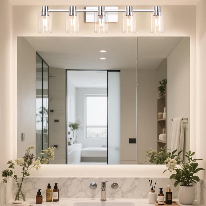 5-Light Modern Vanity Light Fixtures Over Mirror, Brushed Nickel Bathroom Light Fixtures, Vanity Lights, Wall Sconce with Clear Glass Shade for Bathroom, E26 Base