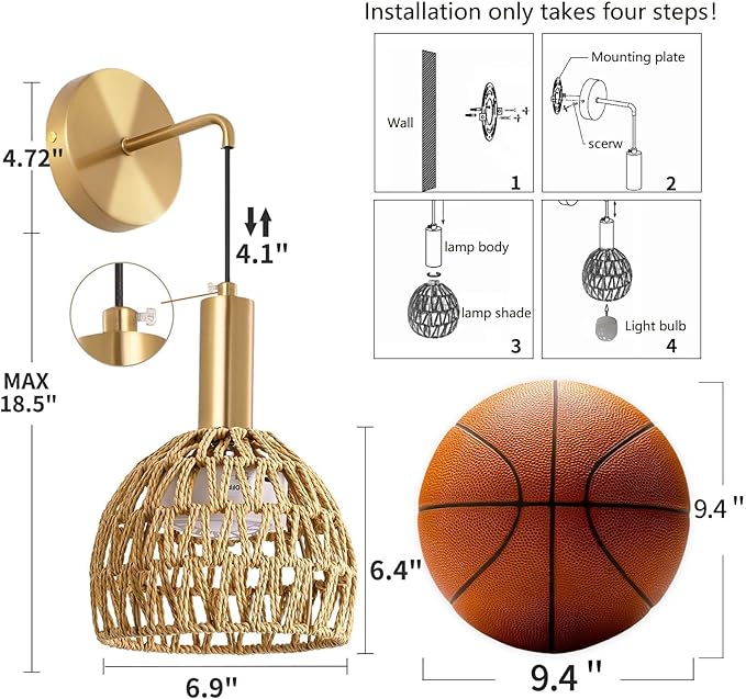 Boho Battery Operated Wall Sconce, Wireless Sconces Set of 2 with Remote, Rattan Upgrade Rechargeable Wall Sconces Set of Two for Bedroom, Living Room, Entryway, 3 Colors Dimmable (Gold)