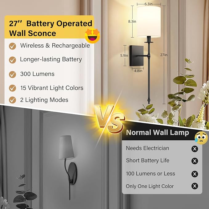 27 Inch Black Battery Operated Wall Sconces Set of 2, Rechargeable Wireless Wall Lights with Remote & White Fabric Shade, Indoor Not Hardwired Dimmable Wall Lamps for Hallway, 2 Bulbs Included