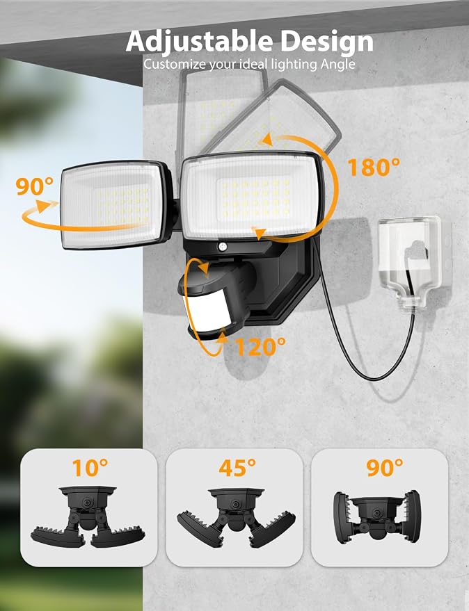Onforu 32W Plug in Motion Sensor Lights Outdoor, 3200LM Motion Flood Light Dusk to Dawn, IP65 Waterproof Led Security Light Outside, 2 Heads Motion Activated Wall Light for Garage, Porch, Yard - Black