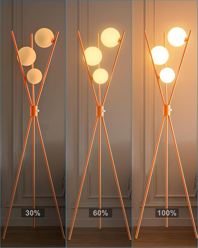 Lightdot Globe Standing Lamps Stepless Dimmable Tripod Floor Lamp with 3PCS 3000K Bulbs Included Stable Base Orange Mid Century Modern Floor Lamp for Living Room/Bedroom/Sofa Beside/Corner Decor