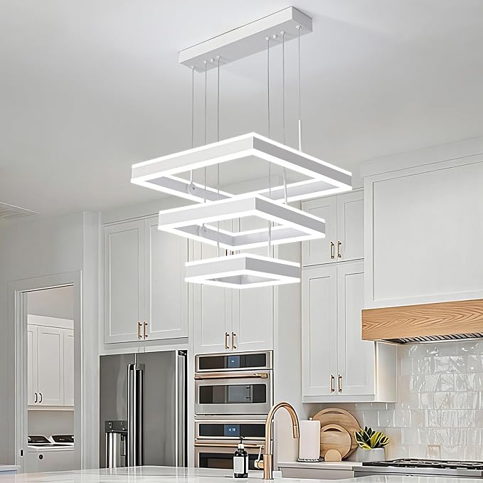 O'NEELDY Modern LED Chandeliers White Square Rings Pendant Light Fixture with Hanging Cord Flush Mount Square Modern Chandeliers for Kitchen Island Dining Room
