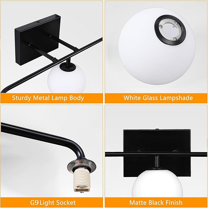 24.8" Black Globe Bathroom Vanity Light, 3-Light Mid Century Light Fixtures Over Mirror, Modern Vanity Lighting with Milk White Glass Shade for Bathroom Bedroom Living Room Hallway