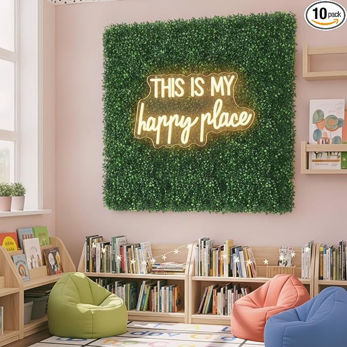 Thyle 10 Pcs Classroom Reading Corner Decoration Set This is My Happy Place | Neon Lights and 9 Pcs Artificial Grass Wall Panels Backdrop Decor for Back to School Library Teen Girls Bedroom