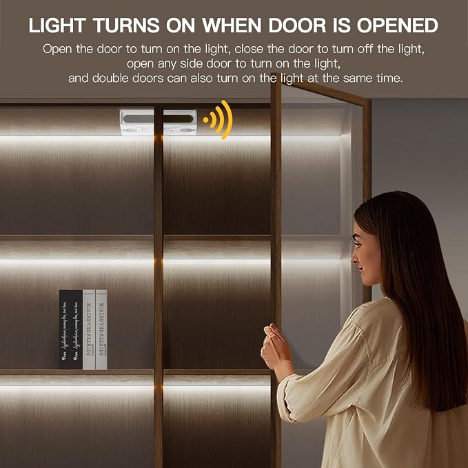 AIMENGTE 12V COB LED Cabinet Lights Strip with Dual-Door Sensor, 6 x 3.3ft Cuttable Under Cabinets Lighting for in-Cabinet, Locker, Closet, Showcase, Gun Safe (Cool White)