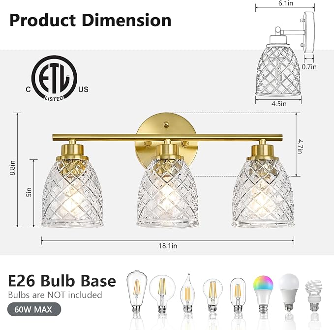 3-Light Bathroom Light Fixtures, Brushed Gold Vanity Lights Over Mirror | Modern Farmhouse Wall Sconces with Hammered Glass Lampshade for Kitchen Hallway Bedroom Living Room Cabinet Porch-18.1IN