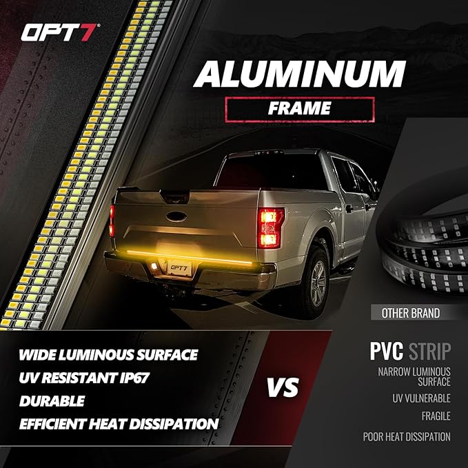 OPT7 Redline 60" Aluminum Truck Tailgate Light Bar w/Sequential Amber Turn - Weatherproof Rigid 1-Piece Triple Row LED Strip - Dynamic Taillight w/White Reverse - Fits F150, Silverado, Sierra, Ram