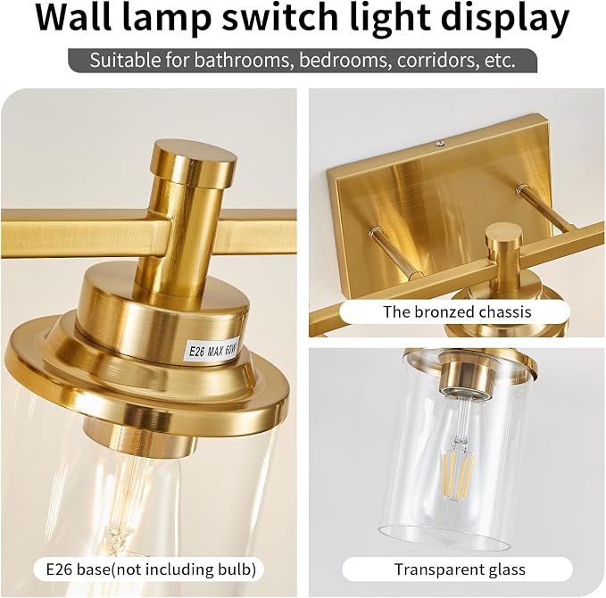 4 Light Brushed Brass Vanity Light Over Mirror, Gold Bathroom Fixtures, Vintage Wall Sconce With Clear Glass Shade, Brushed Gold Lights for Bathroom