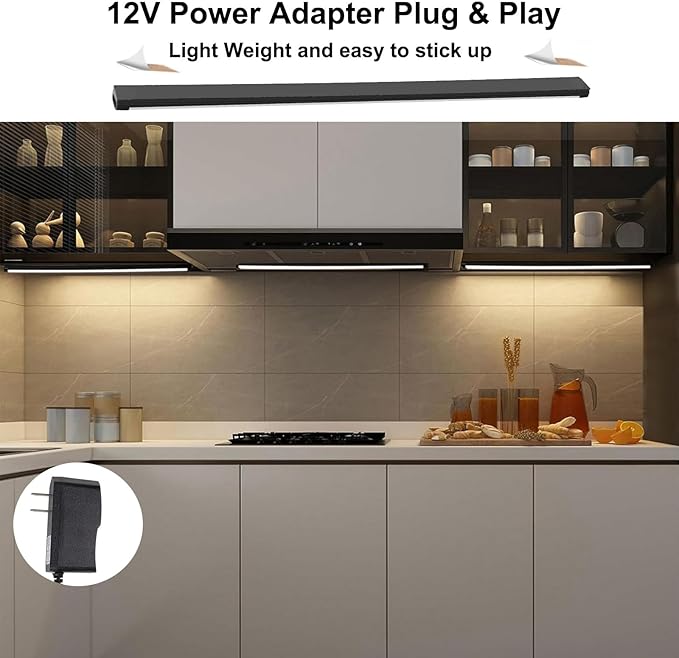 Black Under Cabinet Lighting Kits, 3-Pack 12In Dimmable LED Under Cabinet Lights Bars with 12V Power Adapter, 6000K Cool White Kitchen Under Counter Lights for Kitchen Cabinets, Book Shelves