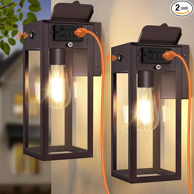 Porch Lights with GFCI Outlet, 2Pack Motion Sensor Outdoor Lights | Dusk to Dawn, Anti-Rust, Waterproof, Tempered Glass, Easy Installation, E26 Socket, Exterior Lighting for Patio, Brown