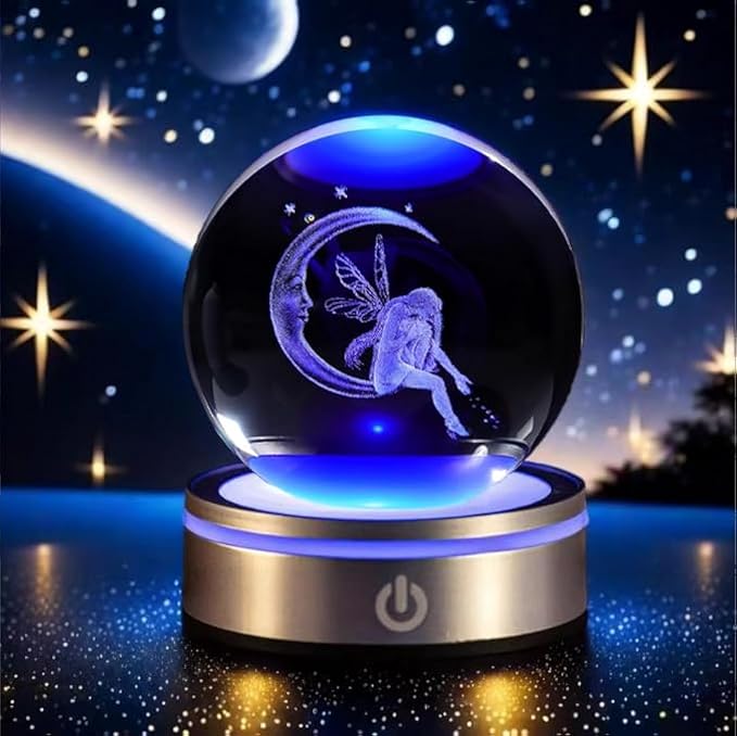 3D Moon Fairy Crystal Ball with LED Stand, 80mm Fairies Figurines Decor Glass Sphere Balls Lamp Night Light Gifts for Women Kids Mom Girls