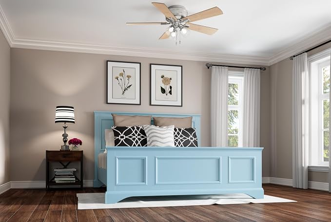 Hunter 52 inch Indoor Ceiling Fan with LED Lights and Pull Chain - Low Profile Flush Mount Ceiling Fan, 5 Blades, For Bedroom, Living Room, or Kitchen, Quiet - Crestfield 54209, Brushed Nickel | with LED Lights and Pull Chain, Low Profile Flush Mount, ...
