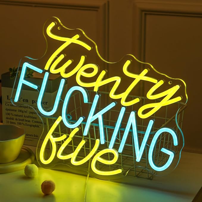 Twenty Fucking Five Neon Light Sign Blue Yellow 25 Years Old LED Celebrate 50th Men and Women Birthday Party Happy Twenty Five Best Age New Young Life for Party Wall Decor