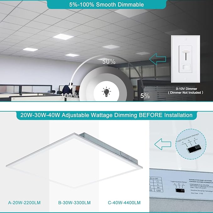 24-Pack 2x2 LED Flat Panel Light Drop Ceiling Fixture, 3CCT Selectable (3000K/4000K/5000K) & 40W 30W 20W Switchable, 0-10V Dimmable, 100-277Vac, ETL & DLC