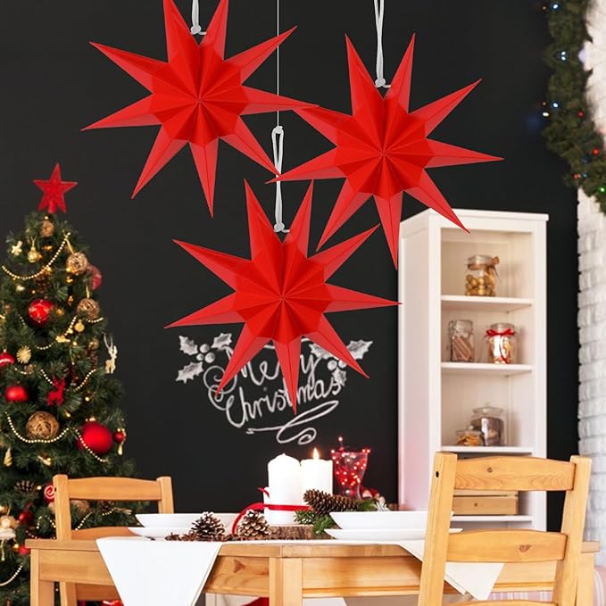 SUNBEAUTY 3 Pcs 9-Pointed Red Paper Star Lanterns 12 Inch Christmas Hanging Lamp Red Paper Decorations Shade Wedding Birthday Christmas Home Party Decorations