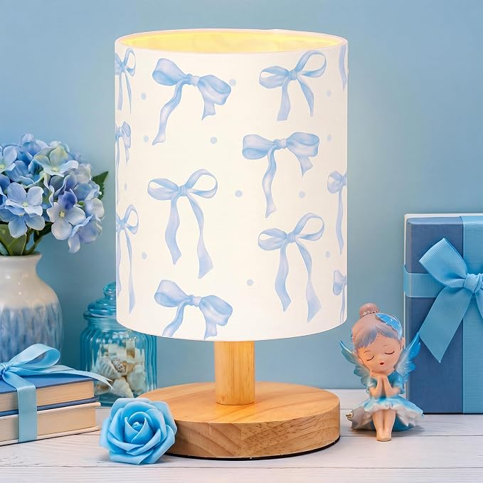 Blue Bow Kids Table Lamp for Bedroom Kids Bedside Lamp with Linen Wooden Nightstand Cartoon Nursery Lampshade for Girls Boys Living Room