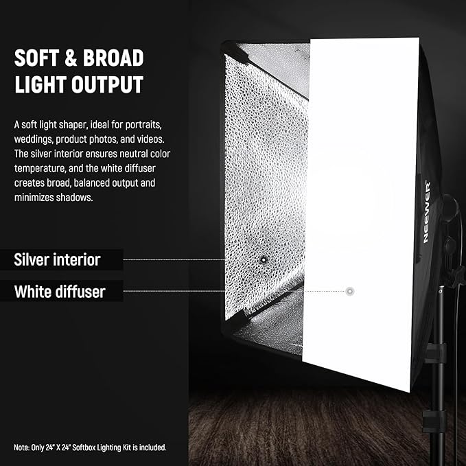 NEEWER 350W Equivalent Softbox Lighting Kit, 5700K LED Light Bulb, 24x24 inches Softbox with E26 Socket, Photography Continuous Lighting Kit, Photo Studio Equipment, NK300