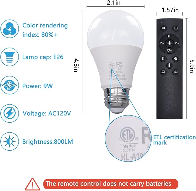 Gupuzm A19 LED Remote Control Bulbs, 800LM 9W, Equivalent to 60W Bulbs, Dimmable Bulb with Remote Control 3000K-6000K, E26 Base, CRI 80+,2.4GHz, Lifespan Over 25,000 Hours (9W-1 Remote-2 Bulb)
