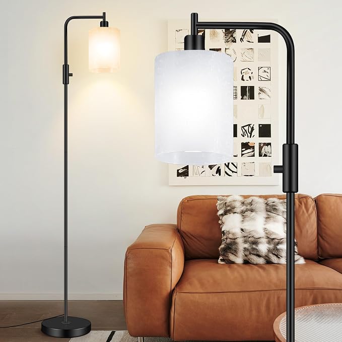 Industrial LED Floor Lamp,Black Metal Dimmable Lamp for Living Room, Bedroom, Office,Remote Control Tall Reading Lamp for Sofa or Desk, Milkly Glass Shade for Home Decor (Industrial, Glass)