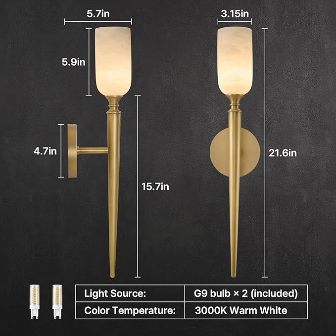 21.6" Alabaster Wall Sconces Set of 2, Vintage Brass Wall Lights | Natural Spanish Alabaster, Vintage Inspired Design, Unique Marble Veining, Elegant Brass Gold Finish, Statement Wall Accent