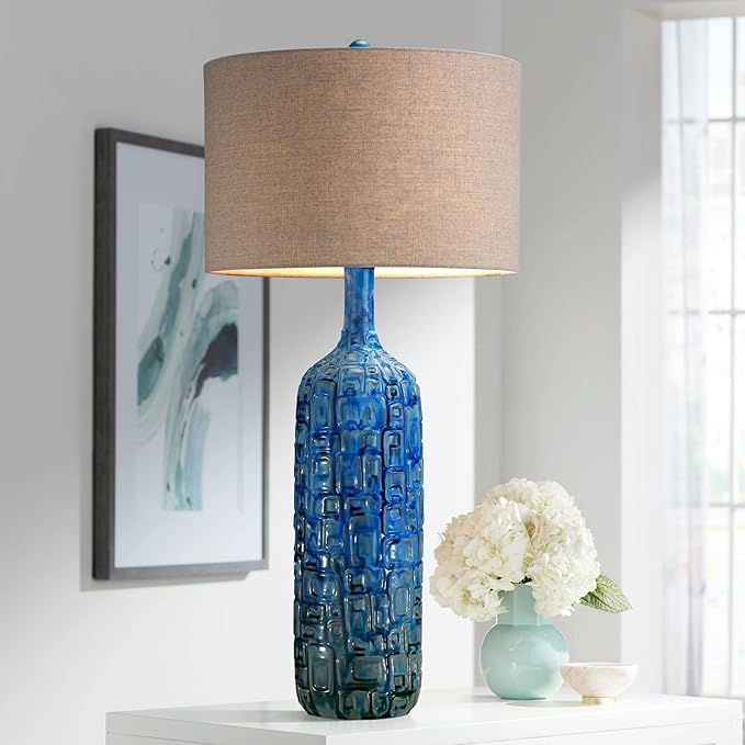 Possini Euro Design 36" Tall Large Mid Century Modern Farmhouse Rustic Coastal End Table Lamps Set of 2 Teal Blue Ceramic Living Room Bedroom Bedside Nightstand House Office Home Reading Tan Shade