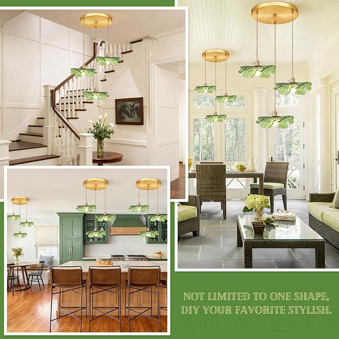 Vintage Cluster Pendant Light 3-Light Green Flush Mount Chandelier | Green Flower Glass Hanging Ceiling Light, Brass Gold E26, Adjustable 59" , Mid Century Modern, Dining Room Kitchen Farmhouse