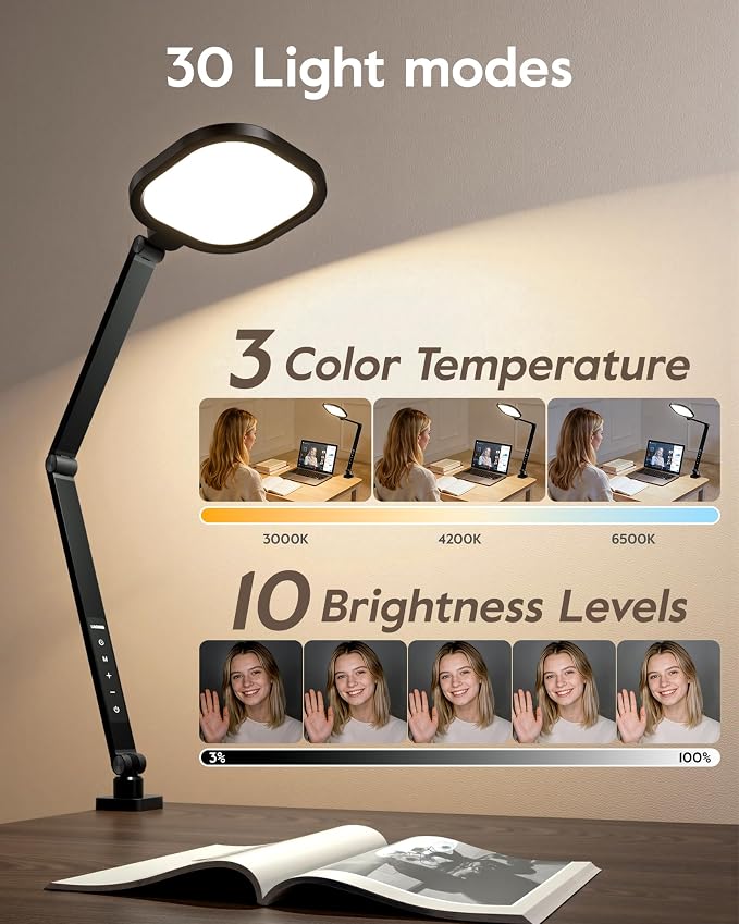 LED Desk Lamp for Home Office with Clamp, Remote, 30 Modes | Eye-Care, Pro Lighting for Zoom Meeting, Video Streaming, Recording, Flexible Arm, Memory, 2000LM, CRI 97.8