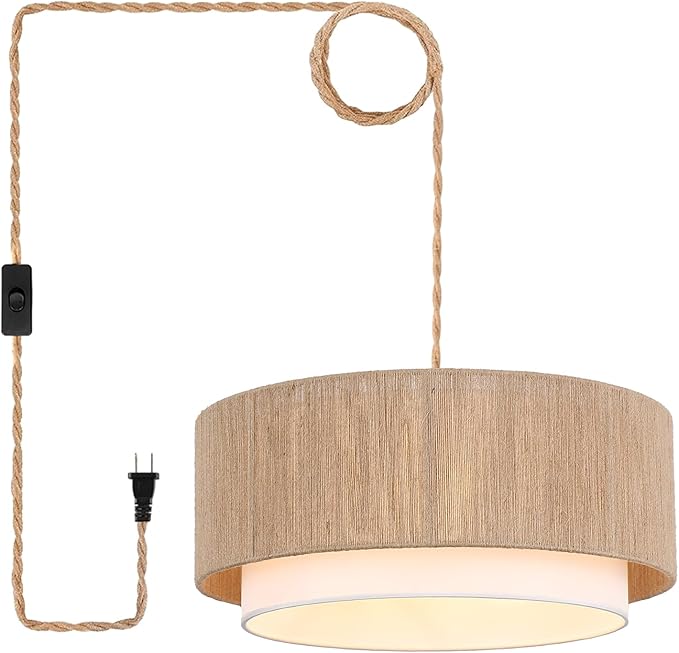 Plug in Pendant Light, 18” Rattan Plug in Chandelier with 15.7FT Light Cord, Hanging Light with Handwoven Hemp Rope Lampshade for Living Room Bedroom Kitchen